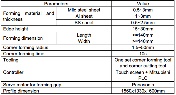 CNC corner forming machine parameters